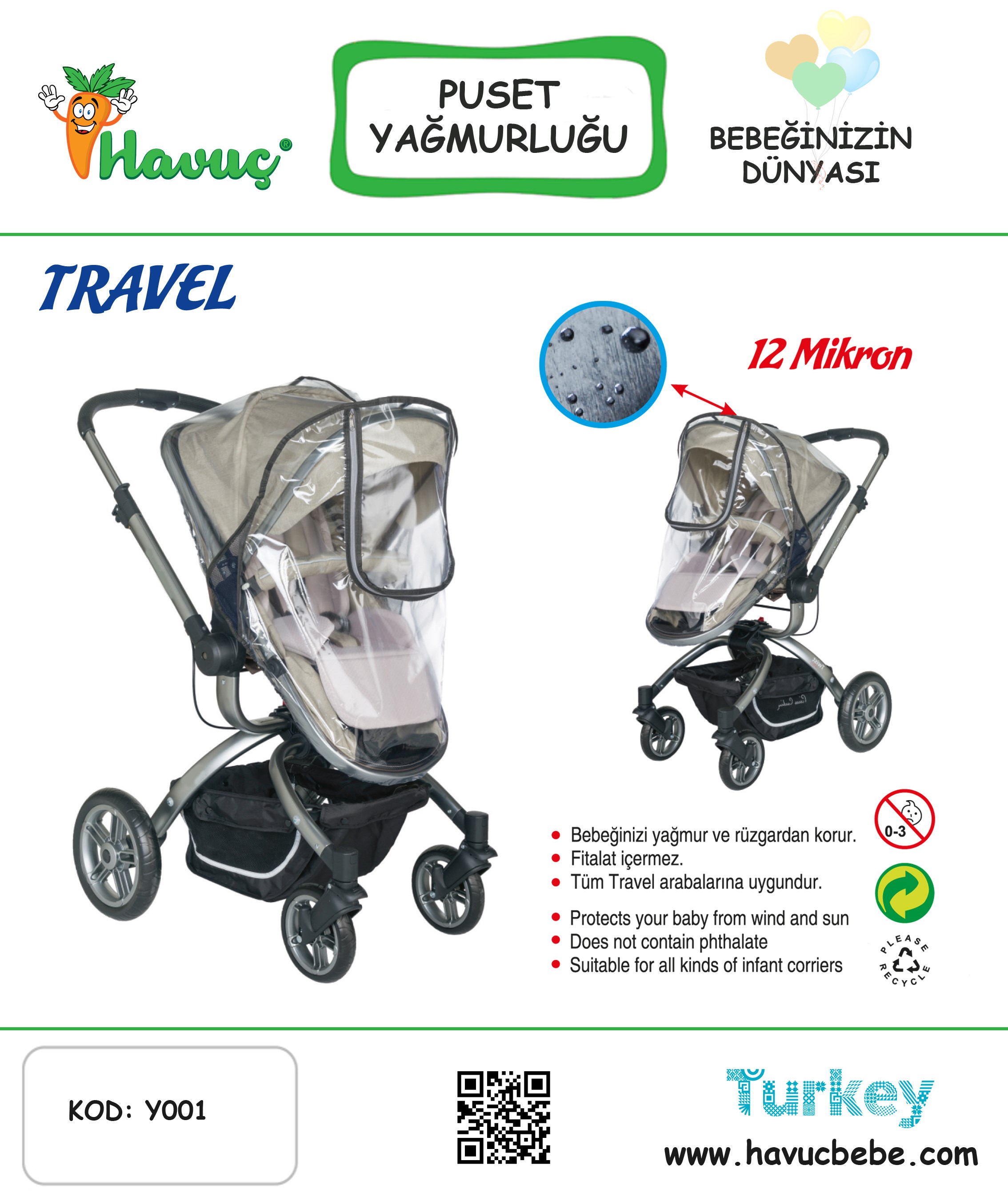 Havuç Y001 Lüks Travel Bebek Arabası Yağmurluk 12 Mik 